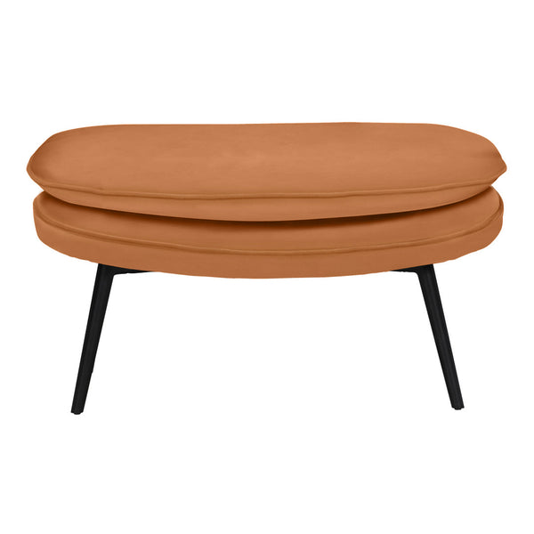 Tan upholstered ottoman with a smooth, rounded design and sleek black legs. Perfect for modern interiors.