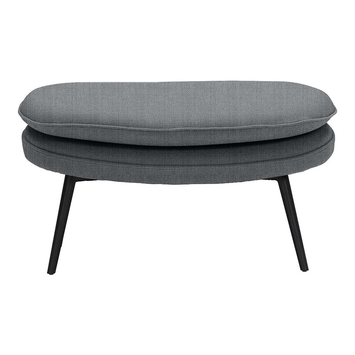Gray upholstered ottoman with a sleek rounded design and contrasting black legs. Simple and modern style.