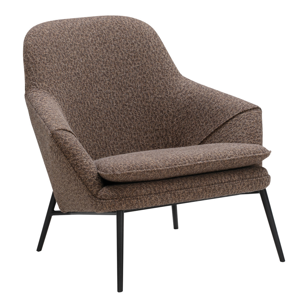 Brown patterned armchair with soft curves and black metal legs, ideal for modern decor.