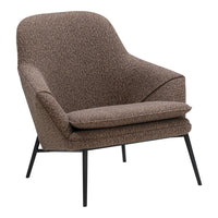 Brown patterned armchair with soft curves and black metal legs, ideal for modern decor.