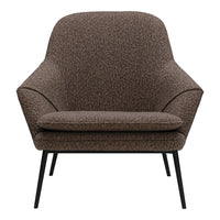 Brown patterned accent chair with smooth curves and black metal legs, perfect for modern interiors.