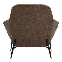 Brown textured chair from the back with a subtle pattern and black metal legs.