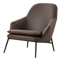 Brown leather armchair with smooth, minimalist design and sleek black metal legs. Perfect for modern decor.