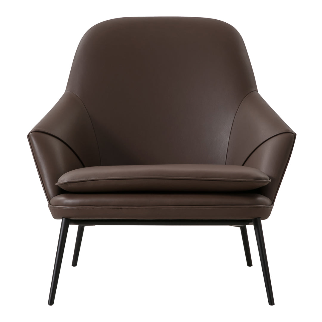 Brown leather armchair with sleek, modern design and curved contours on a black metal frame.