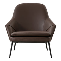 Brown leather armchair with sleek, modern design and curved contours on a black metal frame.