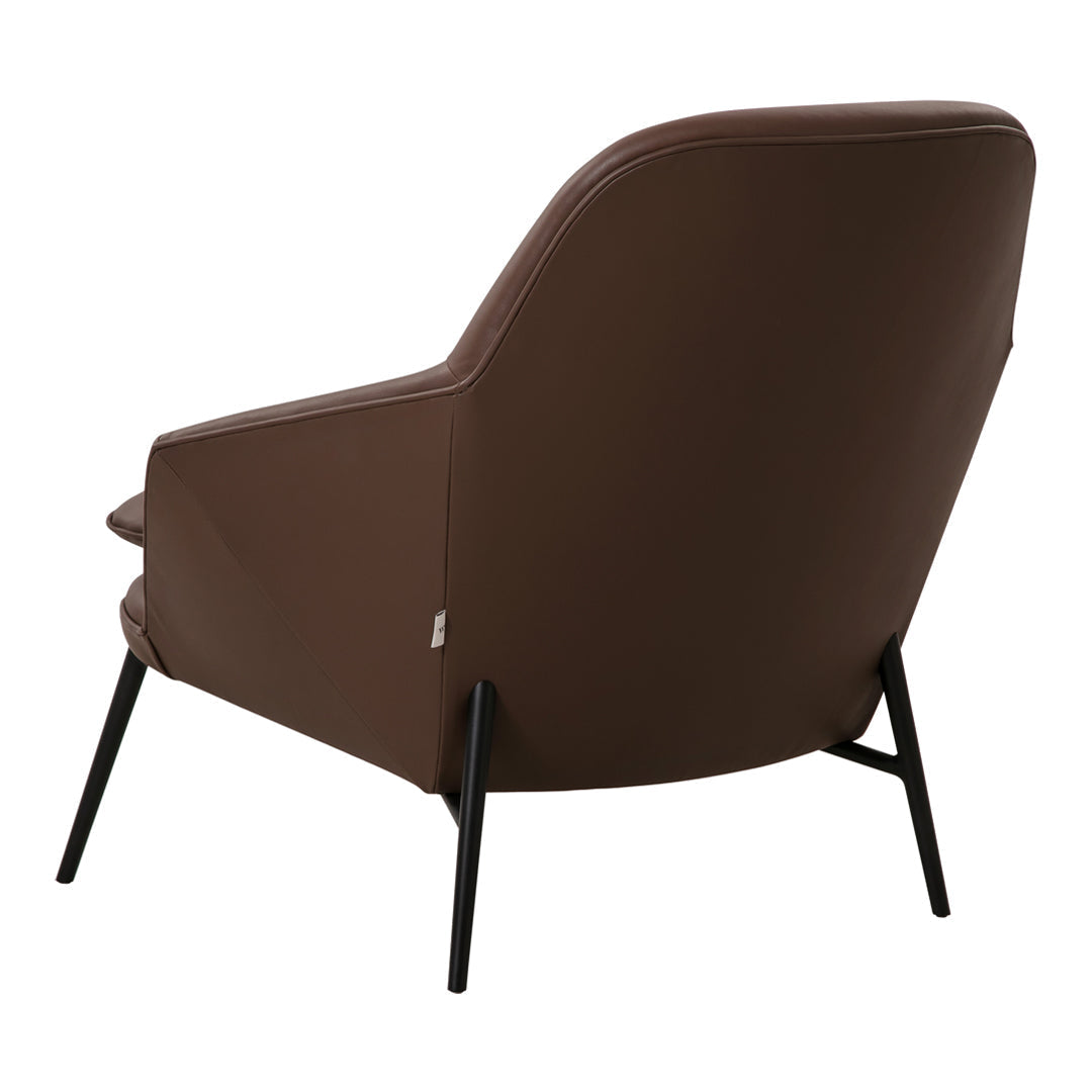 Brown leather armchair with a sleek, minimalist design and black metal legs. Perfect for modern decor.