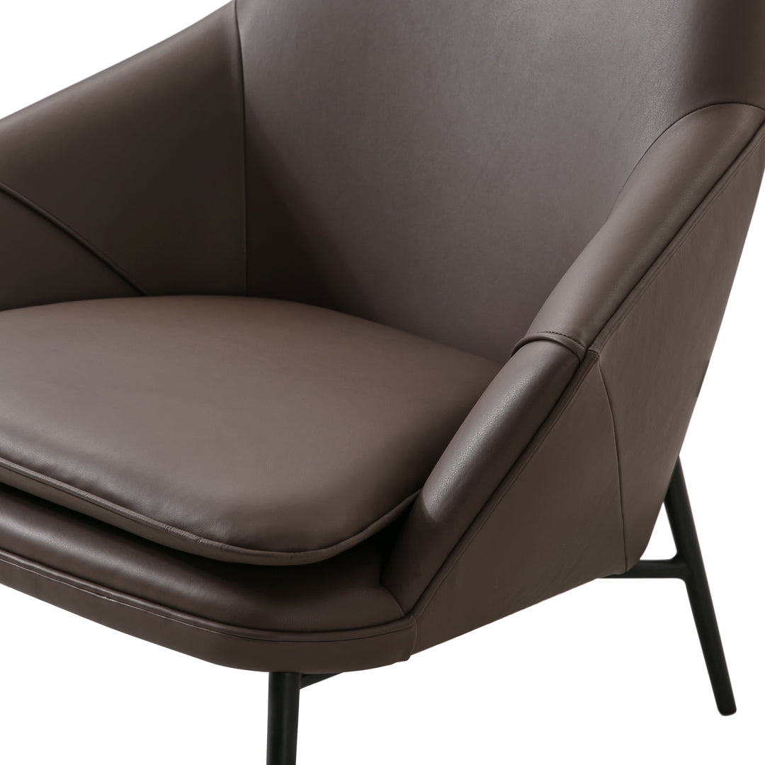 Brown leather armchair with smooth texture and sleek, modern design. Black metal frame adds a contemporary touch.