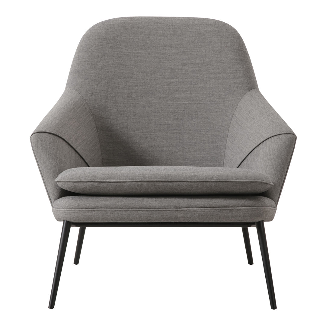 Minimalist gray upholstered accent chair with smooth fabric and sleek black metal legs. Perfect for modern interiors.