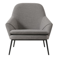 Minimalist gray upholstered accent chair with smooth fabric and sleek black metal legs. Perfect for modern interiors.