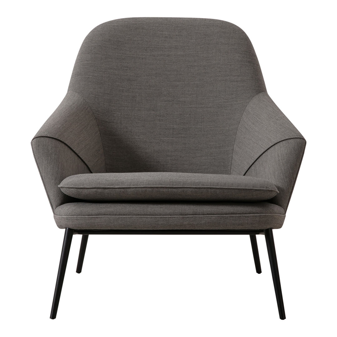 Gray upholstered chair with a smooth texture and minimalist design, featuring sleek black metal legs.