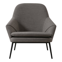 Gray upholstered chair with a smooth texture and minimalist design, featuring sleek black metal legs.