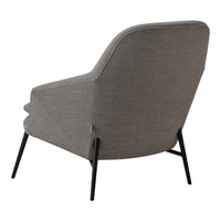 Gray upholstered chair with a smooth texture and sleek black metal legs, showcasing minimalist design and modern elegance.