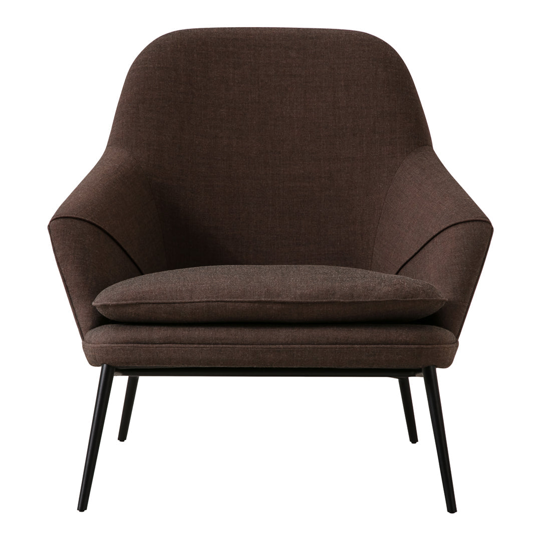 Brown upholstered chair with a smooth, minimalist design and black metal legs. Perfect for modern interiors.