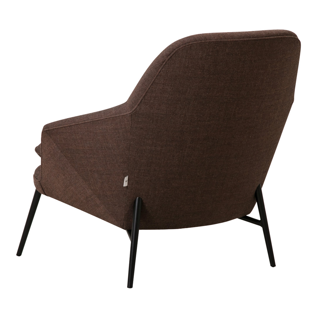 Brown upholstered armchair with a textured fabric and sleek black legs, featuring a minimalist modern design.