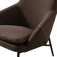 Brown textured fabric armchair with modern black metal legs, featuring clean lines and a minimalist design.