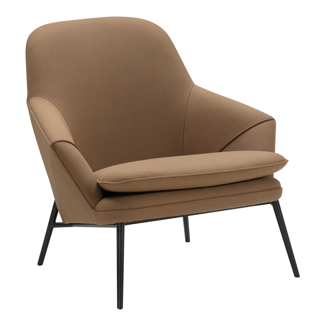 Brown fabric accent chair with a smooth, minimalist design and black metal legs.