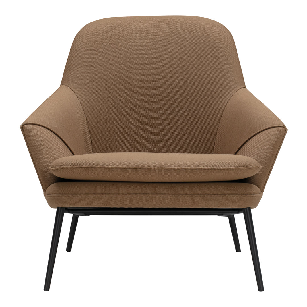 Tan upholstered chair with smooth curves and black metal legs, featuring a minimalist design. Perfect for modern decor.