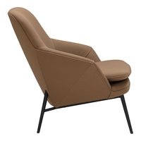 Brown upholstered lounge chair with a sleek, minimalist design and black metal legs. Perfect for modern decor.