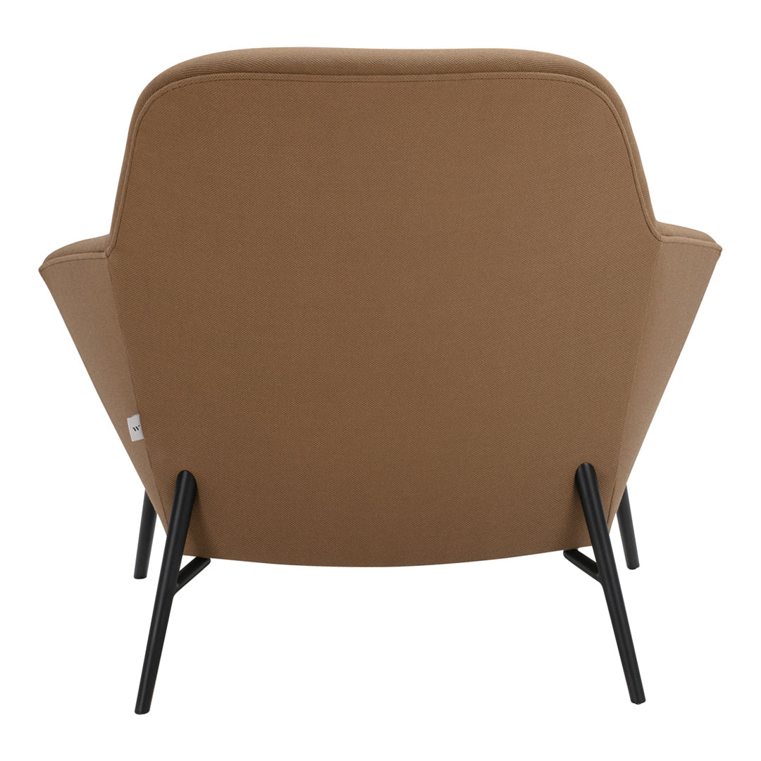 Brown upholstered armchair with sleek black metal legs, featuring a modern and minimalistic design.
