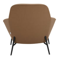 Brown upholstered armchair with sleek black metal legs, featuring a modern and minimalistic design.