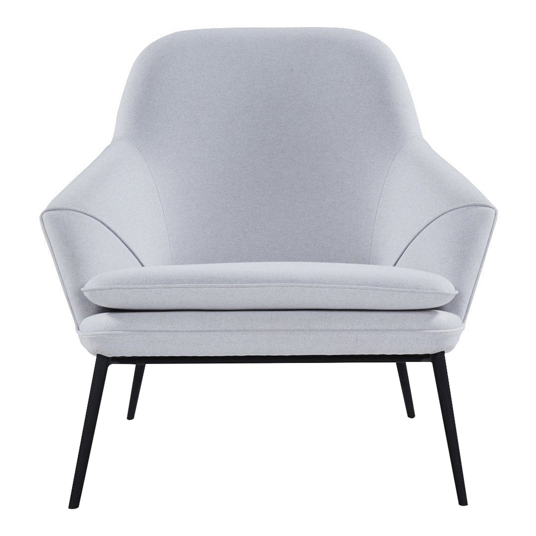 Light gray upholstered chair with smooth, minimalist design and black metal legs. Ideal for modern interiors.