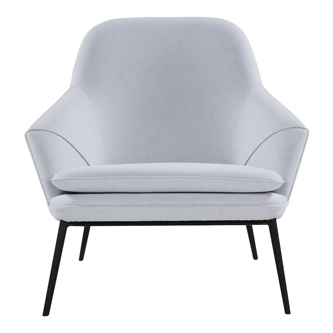 Light gray upholstered chair with smooth, minimalist design and black metal legs. Ideal for modern interiors.