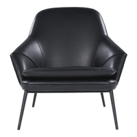 Black leather armchair with sleek mid-century modern design and smooth, curved lines on a minimalist metal frame.