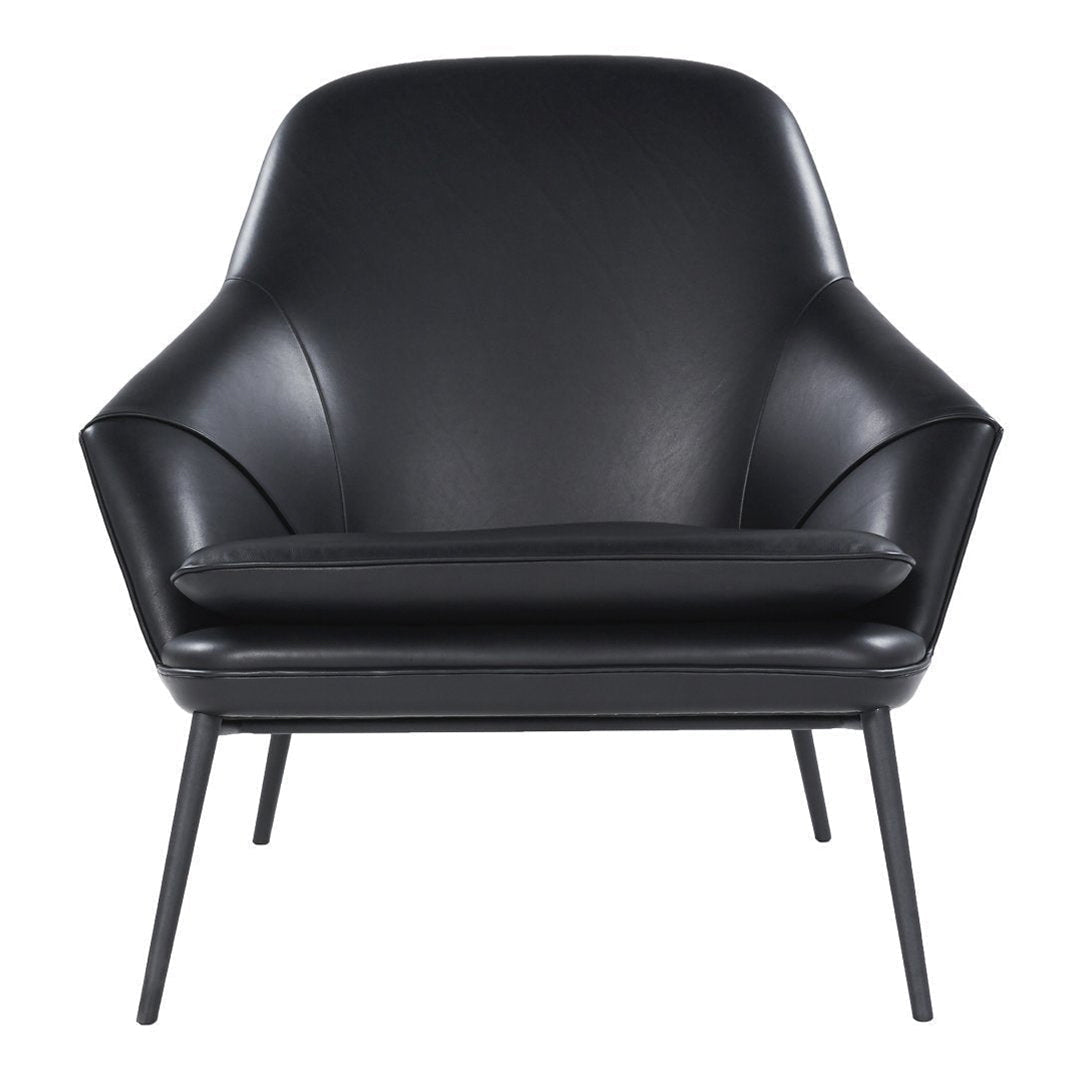 Black leather armchair with sleek mid-century modern design and smooth, curved lines on a minimalist metal frame.