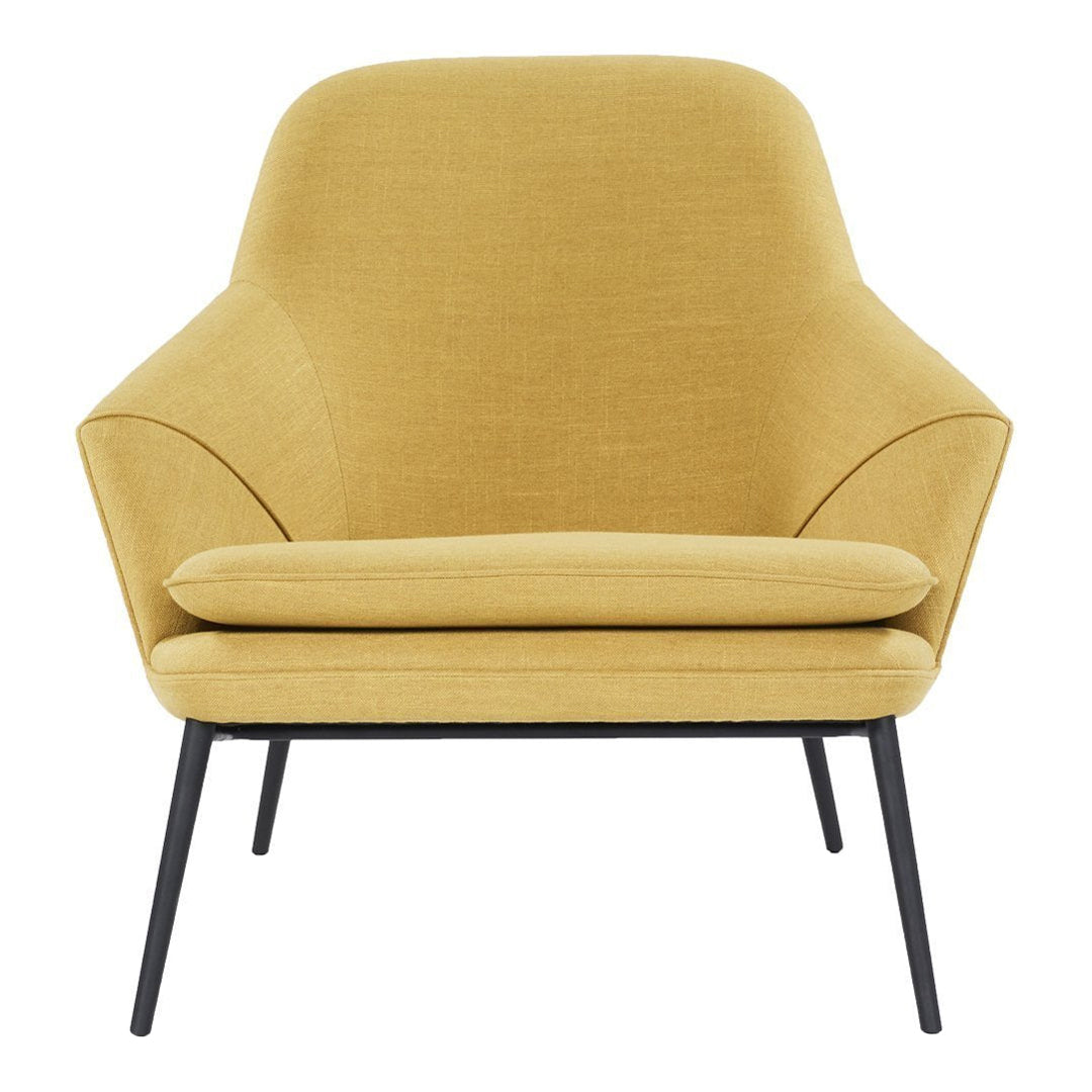 Stylish mustard yellow accent chair with smooth, contemporary design and sleek black legs. Perfect for modern decor.