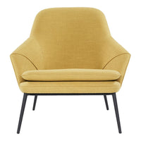 Stylish mustard yellow accent chair with smooth, contemporary design and sleek black legs. Perfect for modern decor.