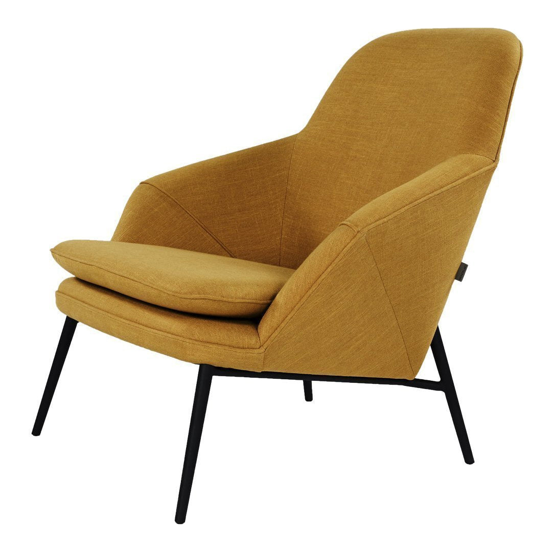 Mustard yellow armchair with textured fabric and sleek black metal legs, featuring an angular, modern design.