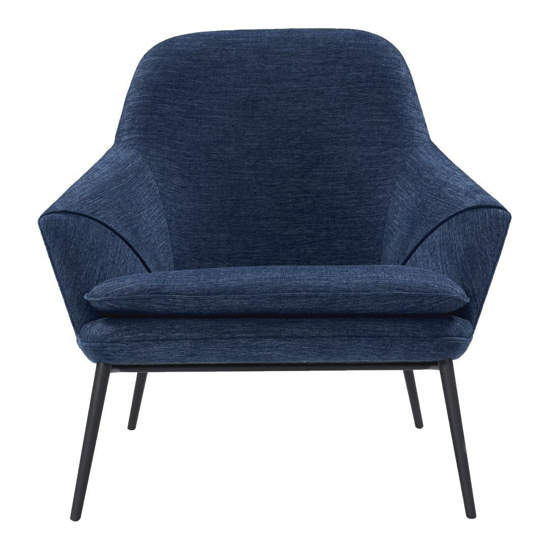 Navy blue upholstered chair with a smooth texture and minimalist design, featuring black tapered legs.
