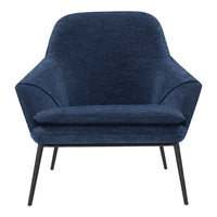 Navy blue upholstered chair with a smooth texture and minimalist design, featuring black tapered legs.