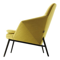 Stylish yellow chair with a geometric pattern and sleek black legs, perfect for modern decor.