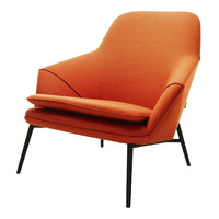Bright orange upholstered armchair with sleek black metal legs and a minimalist design. Perfect for modern decor.