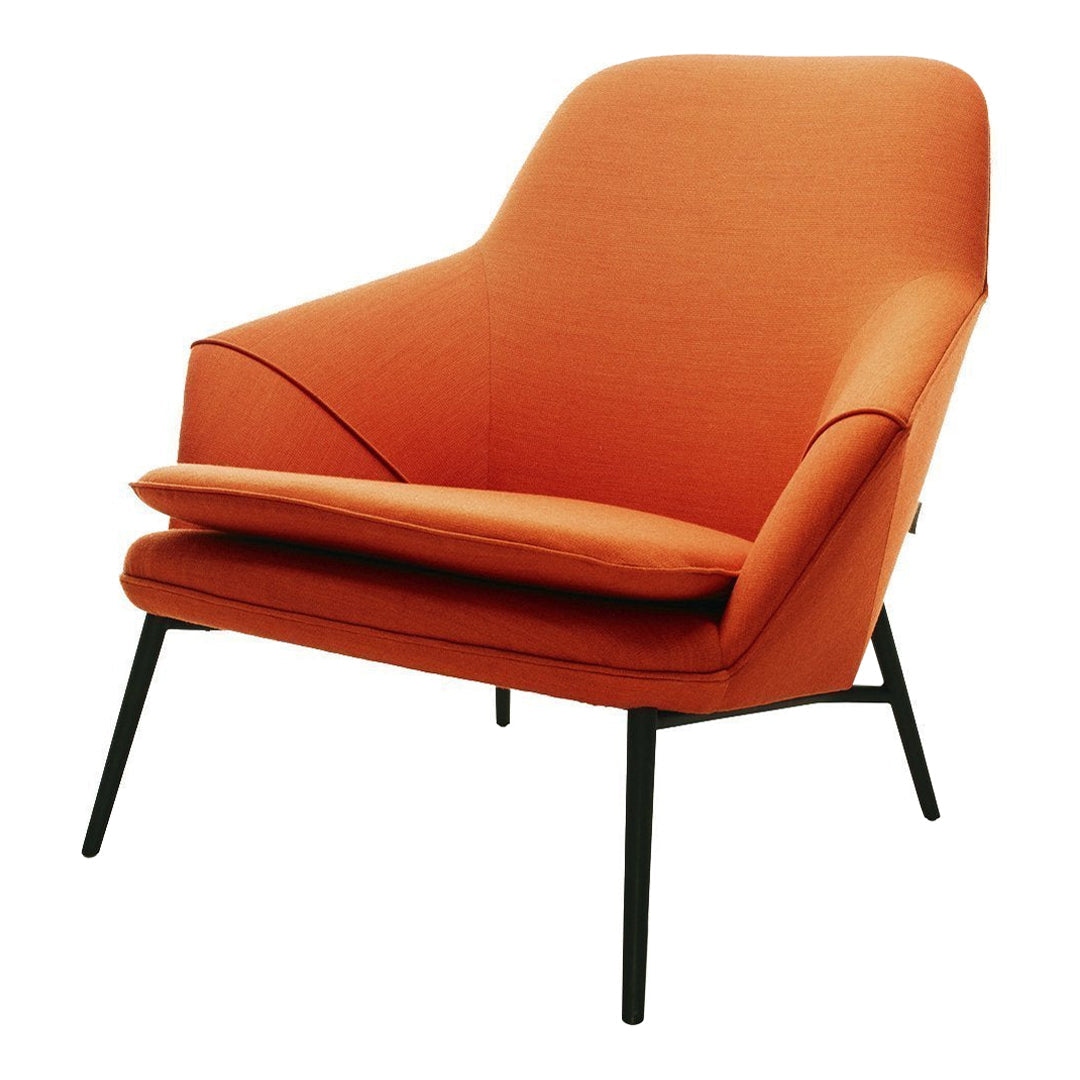 Bright orange upholstered armchair with sleek black metal legs and a minimalist design. Perfect for modern decor.