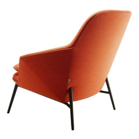 Orange upholstered chair with a sleek design and black metal legs, showcasing modern simplicity and elegance.
