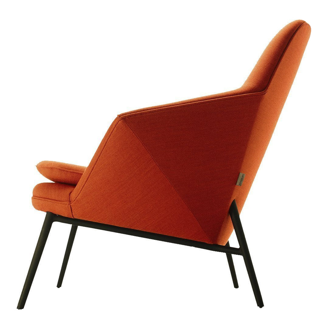Orange upholstered chair with a textured fabric and sleek black metal legs in a modern design.