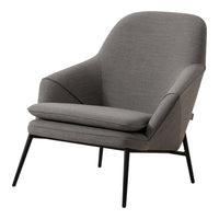 Gray upholstered armchair with smooth, minimalist design and black metal legs. Perfect for modern decor.