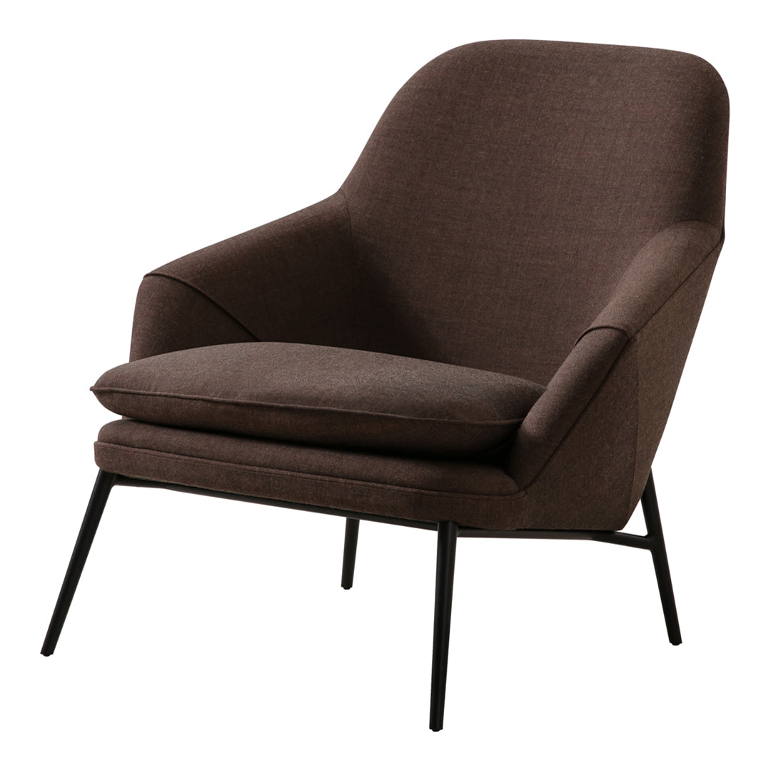 Brown upholstered chair with a smooth fabric texture and minimalist design, featuring sleek black metal legs.