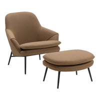 Brown upholstered armchair and ottoman set with sleek black legs, featuring a smooth, contemporary design.