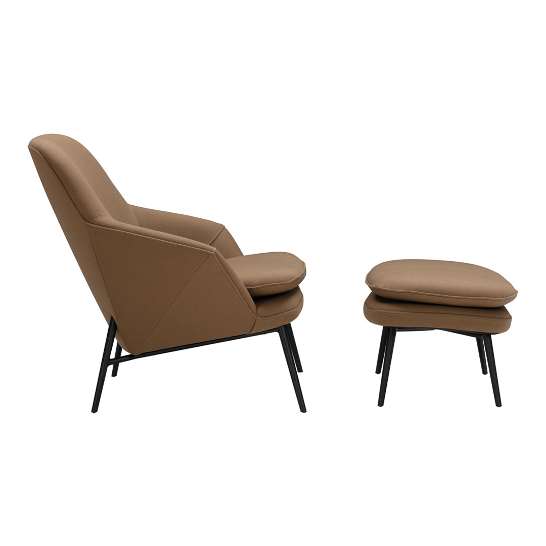 Brown accent chair and ottoman with sleek black legs, featuring a smooth, minimalist design. Ideal for modern decor.