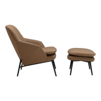 Brown accent chair and ottoman with sleek black legs, featuring a smooth, minimalist design. Ideal for modern decor.