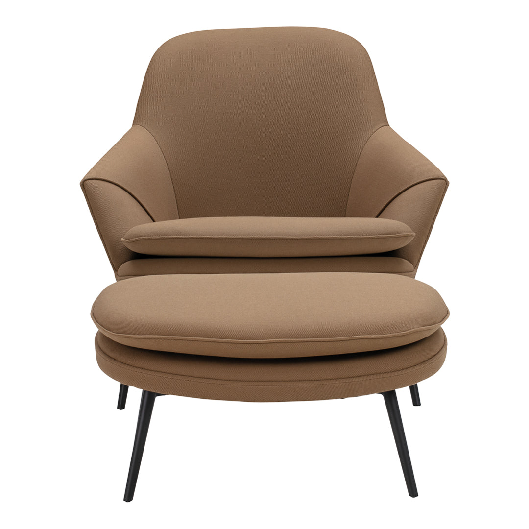 Brown fabric lounge chair with a smooth, streamlined design and black metal legs. Ideal for modern interiors.