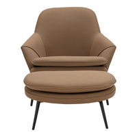 Brown fabric lounge chair with a smooth, streamlined design and black metal legs. Ideal for modern interiors.