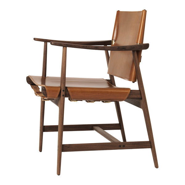 Brown wooden frame chair with tan leather seat and backrest, showcasing a minimalist design.