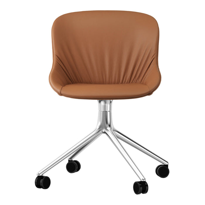 Brown faux leather swivel chair with a sleek, modern design and a shiny chrome base. Ideal for stylish office spaces.