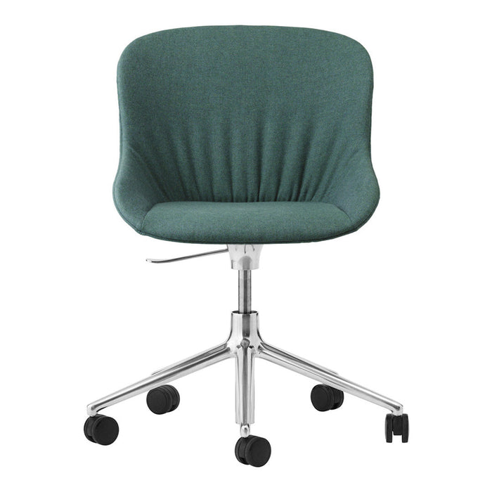 Teal upholstered swivel chair with gathered pattern and chrome base on rolling wheels. Perfect for modern office decor.