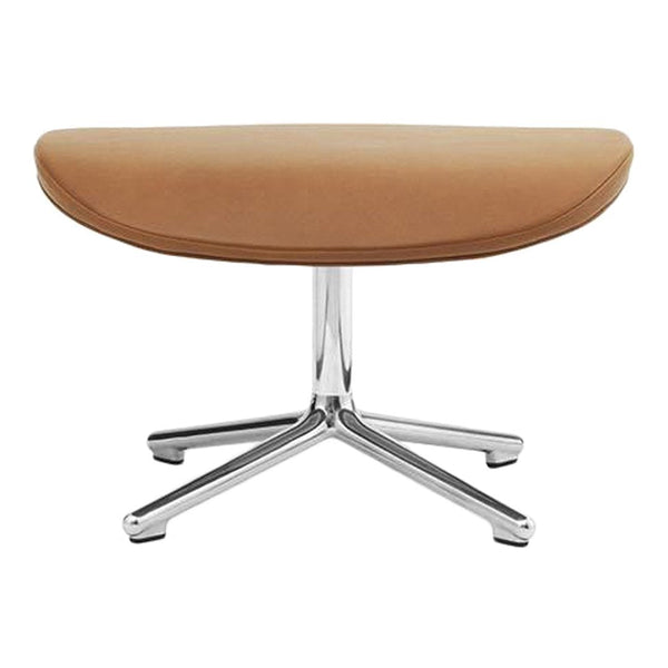 Brown leather ottoman with a sleek chrome base, featuring a smooth, modern design.