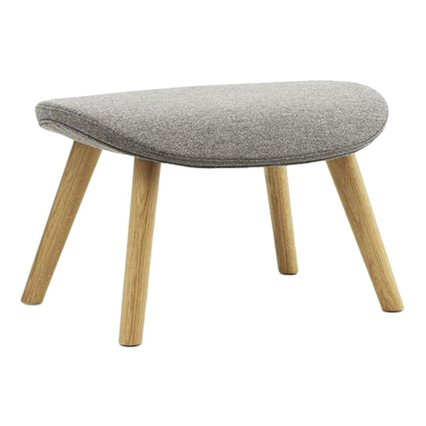 Gray upholstered ottoman with natural wooden legs, featuring a smooth, minimalist design. Perfect for modern decor.